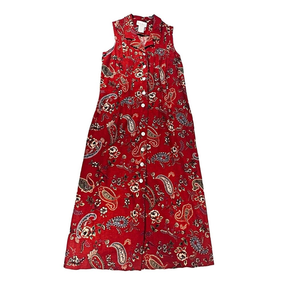 Miss Dorby Womens Shirt Dress 14 Red Paisley Sleeveless Linen Rayon Boho 90s VTG